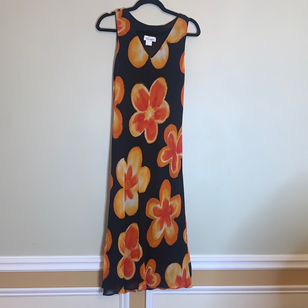 Black Maxi Dress with Bold Orange & Yellow Floral Print